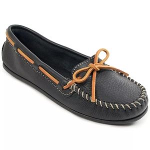 MINNETONKA Women's Leather Boat Moccasins Loafers Size 5 Black & Tan Slip Ons